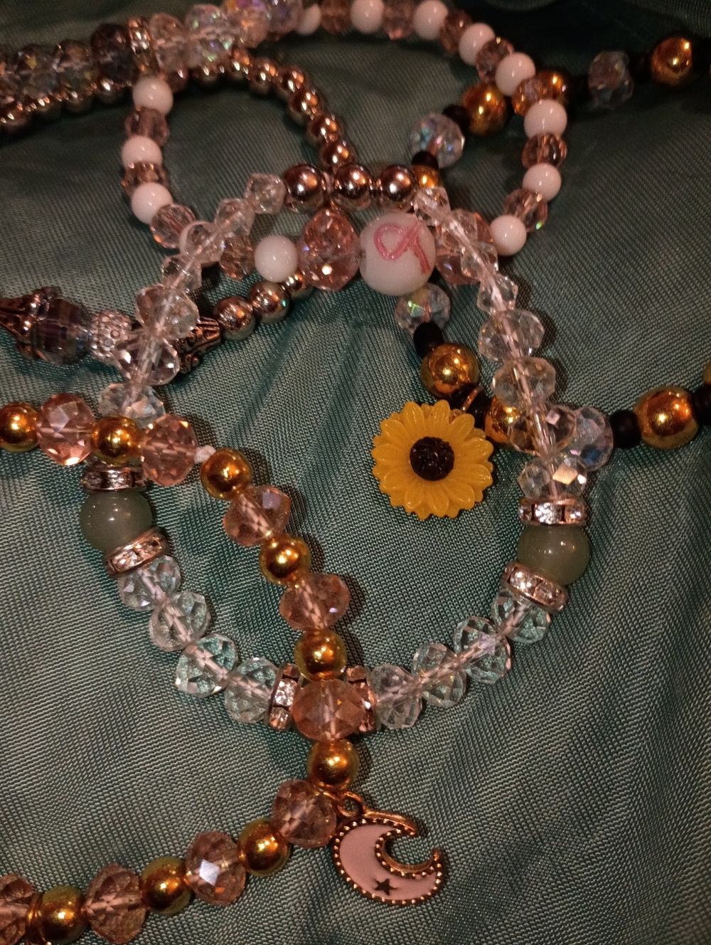 Handmade Sunflower & Moon Beaded Women's Necklace - Gold, Pink, Clear